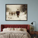 Bedroom with a red velvet headboard bed and a wooden nightstand. A large framed vintage painting of Santa Claus walking with five reindeer in a snowy forest hangs above the bed on a light blue wall.