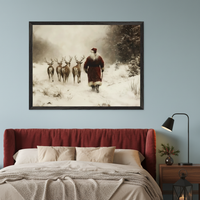 Bedroom with a red velvet headboard bed and a wooden nightstand. A large framed vintage painting of Santa Claus walking with five reindeer in a snowy forest hangs above the bed on a light blue wall.