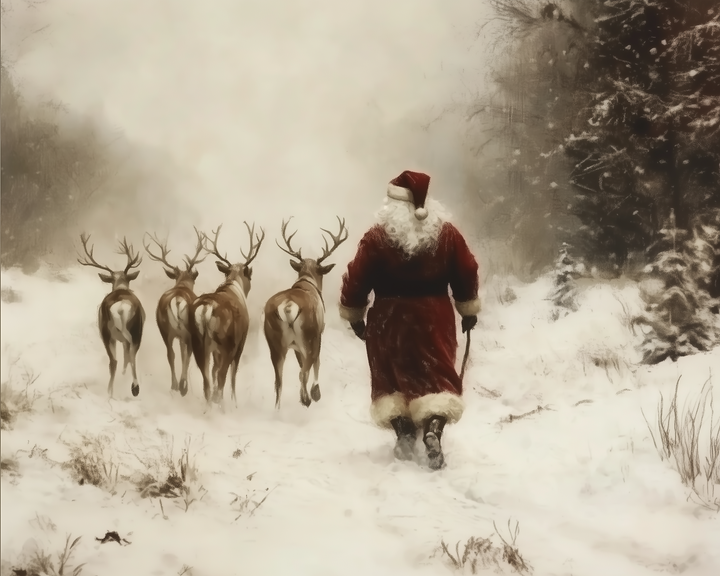 A snowy forest scene showing Santa Claus from behind as he walks alongside five reindeer, their tracks trailing behind them on a white, wintery path.
