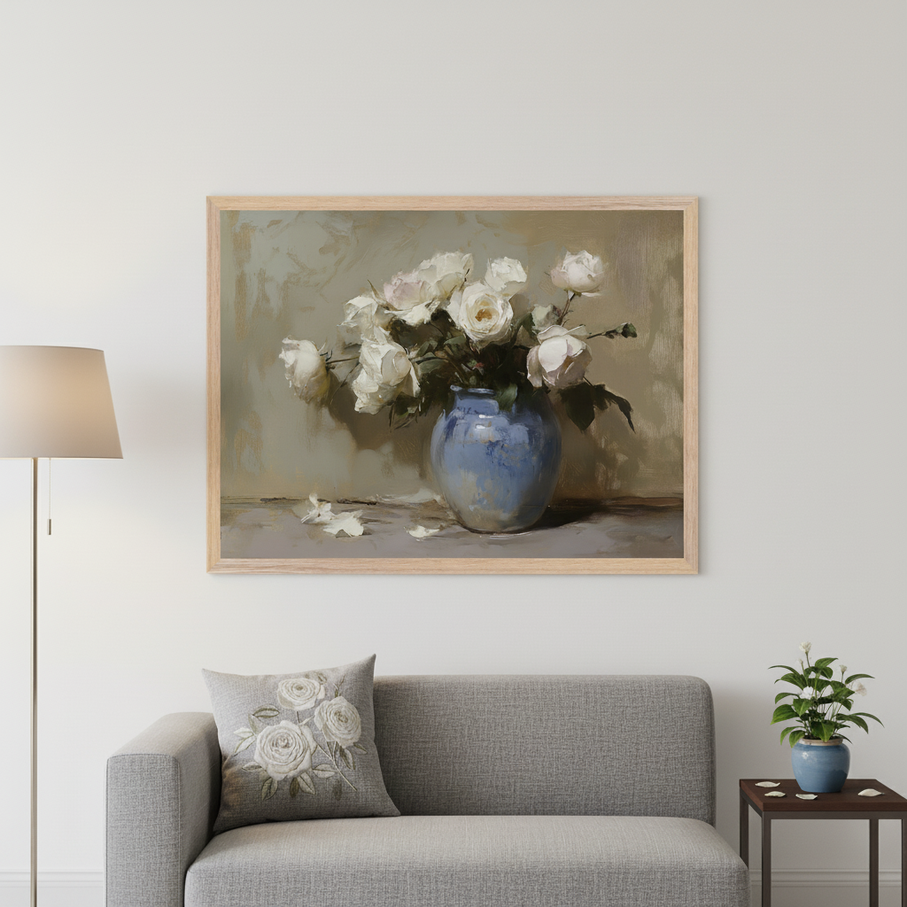 Modern living room with a gray sofa and floor lamp. A light wood framed still life painting of white roses in a blue vase hangs above the sofa. A rose-embroidered pillow is on the sofa, and a potted plant sits on a dark side table to the right.