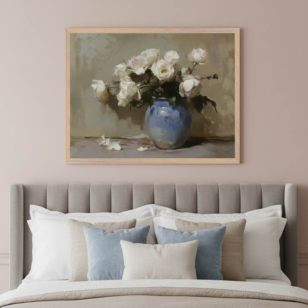 Modern bedroom with a gray upholstered bed. A framed painting of white roses in a blue vase, still life style, hangs centered above the headboard. Light blue and beige pillows are on the bed.