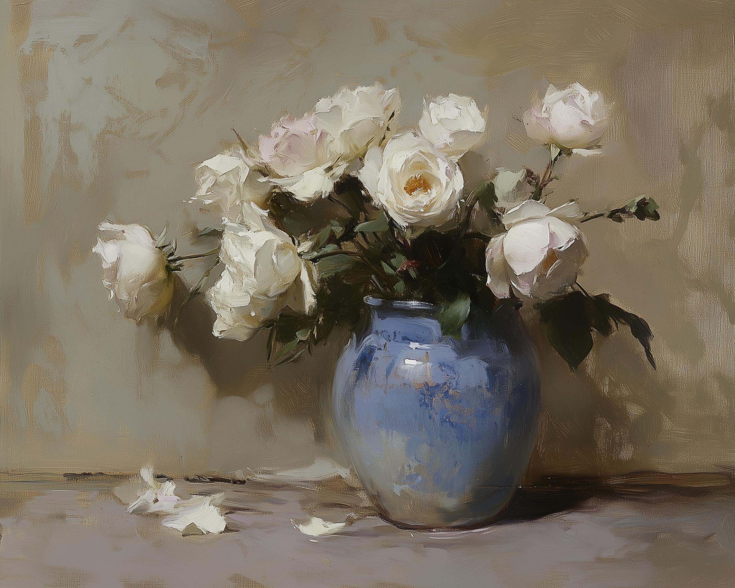 An oil painting of slightly wilted white roses arranged in a worn blue ceramic vase, with scattered petals lying on the tabletop, set against a muted taupe background.
