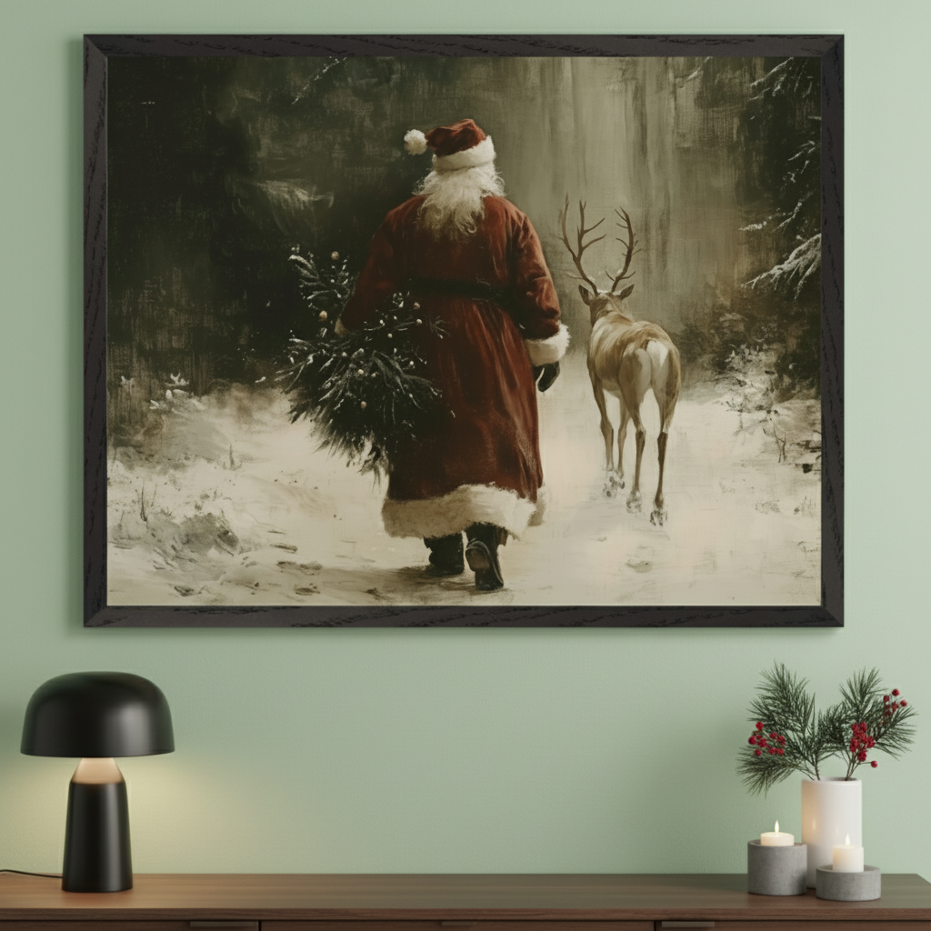 Modern room with a wooden console table. A large framed traditional painting of Santa Claus carrying a small tree and a deer in a snowy forest hangs above. A black lamp and festive decor are on the table.