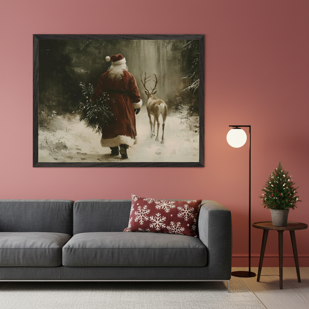 Living room with a dark gray sofa and a red snowflake pillow. A large framed painting of Santa Claus walking with a deer in a snowy forest hangs centered above the sofa. A black floor lamp and a small Christmas tree on a wooden side table are to the right.