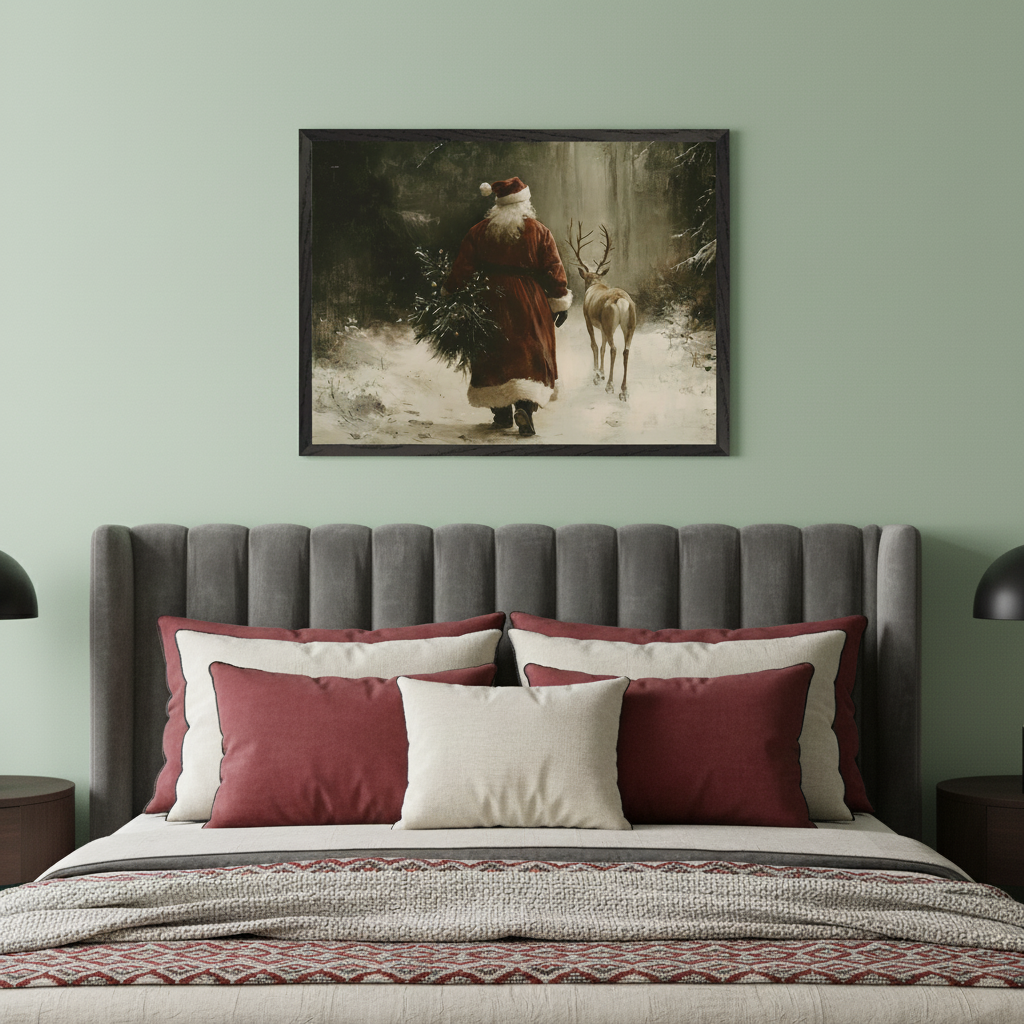 Modern bedroom with a gray upholstered bed. A framed, vintage-style painting depicting Santa Claus carrying a tree and walking with a deer in a snowy forest hangs centered above the bed.