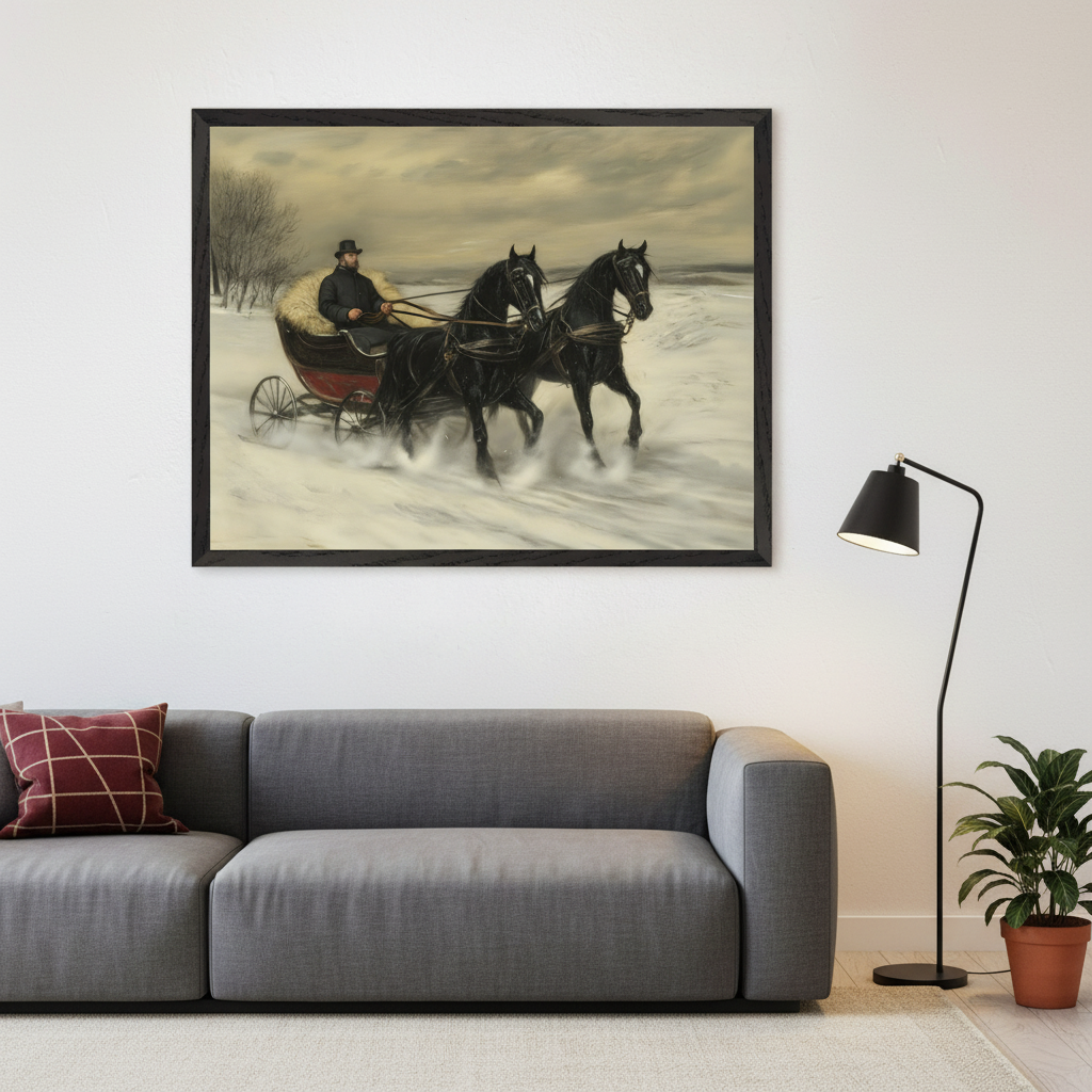 Modern living room with a gray modular sofa. A large framed painting of a man driving two black horses in a red sleigh through snow hangs above the sofa. A black floor lamp and a potted plant are to the right.
