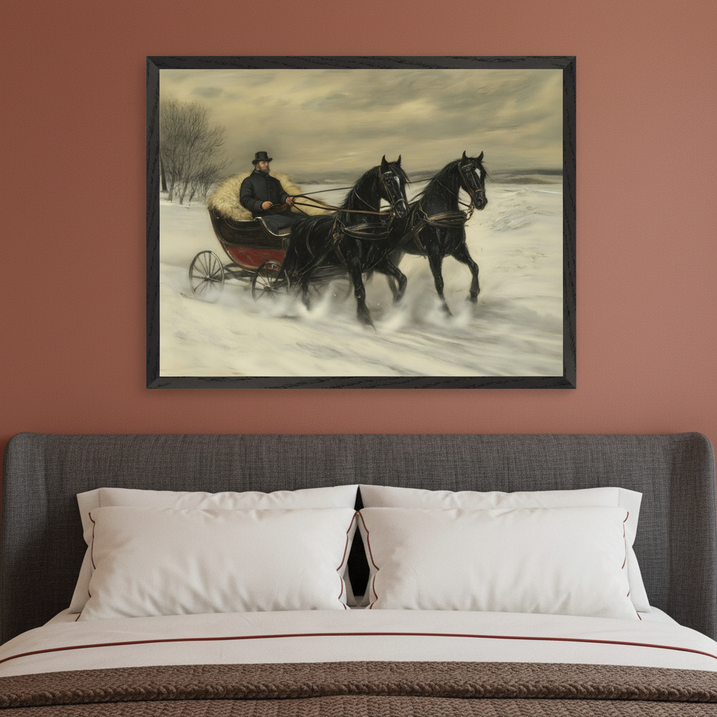 Modern bedroom with a gray upholstered bed. A large framed painting of a man driving a two-horse sleigh through a snowy landscape hangs centered above the bed.