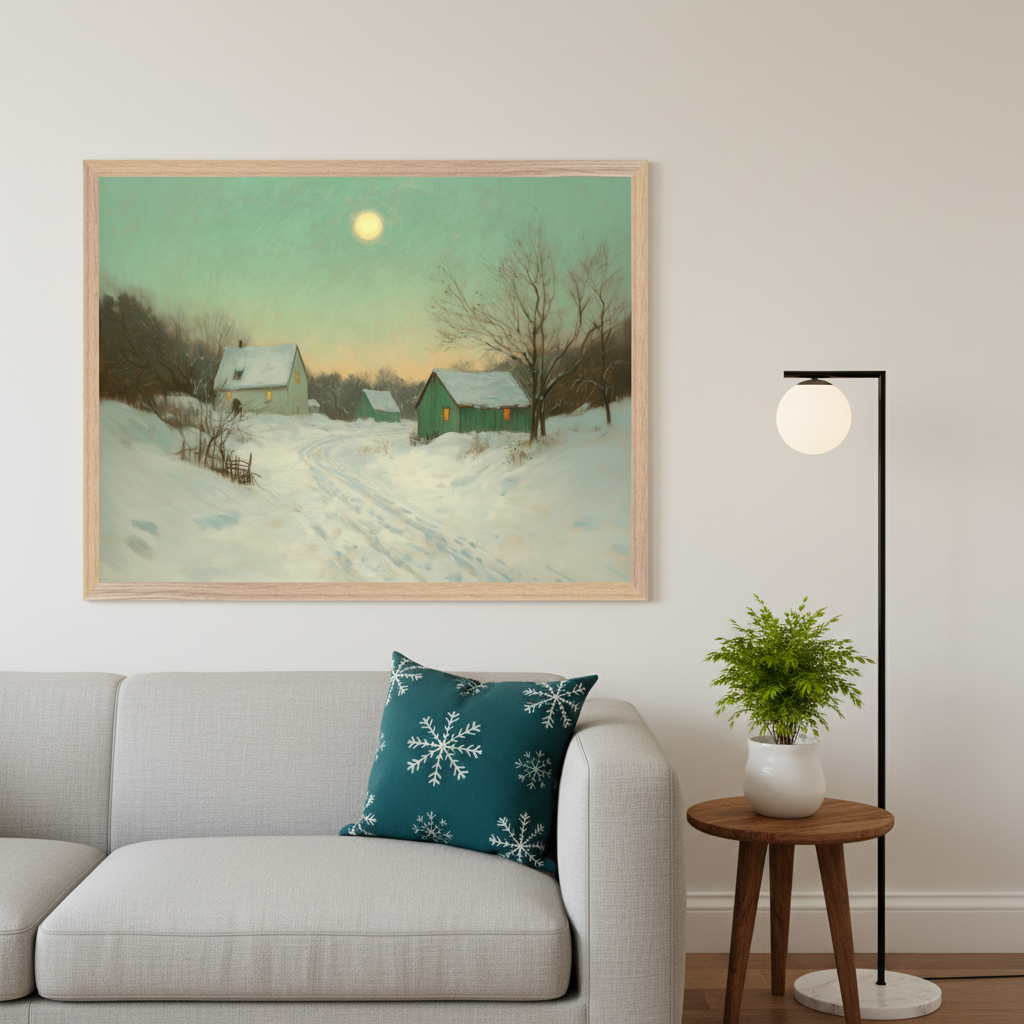 Modern living room with a light grey sofa. A large framed painting of a snowy winter landscape with houses and a bright moon in a teal sky hangs above the sofa.