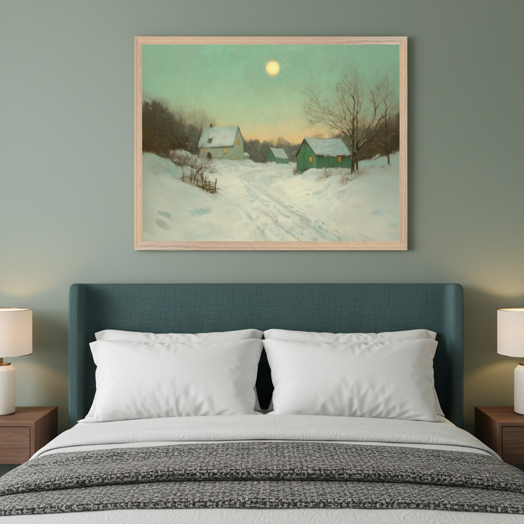 Modern bedroom with a bed and dark teal headboard. A light wood-framed painting of a snowy winter landscape with houses and a moon in a teal sky hangs centered above the bed.