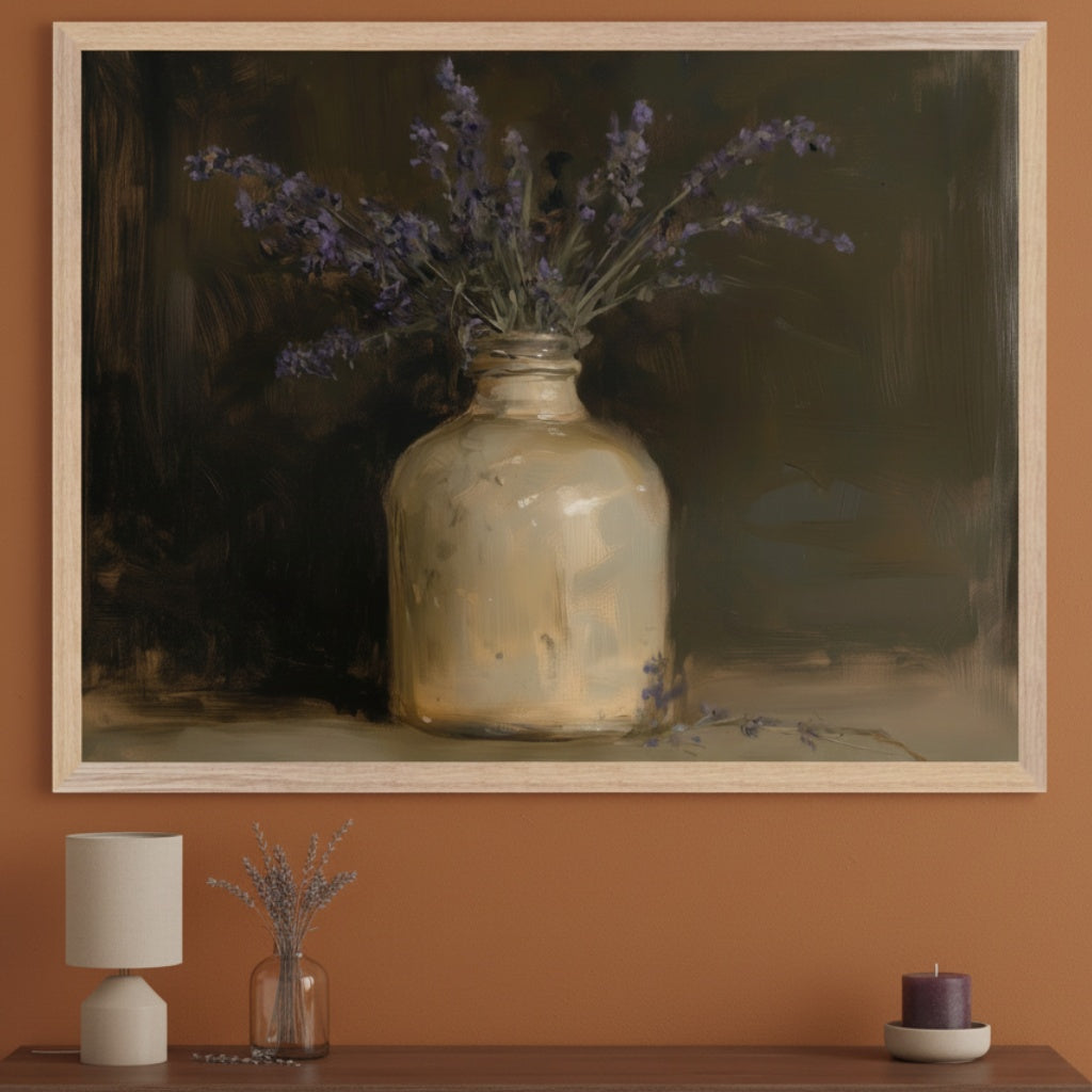 Modern room with a terracotta wall. A large framed painterly still life hangs above a dark wood console. The artwork shows a cream vase with purple lavender flowers against a dark background. On the console are a lamp, dried lavender in a small vase, and a purple candle.
