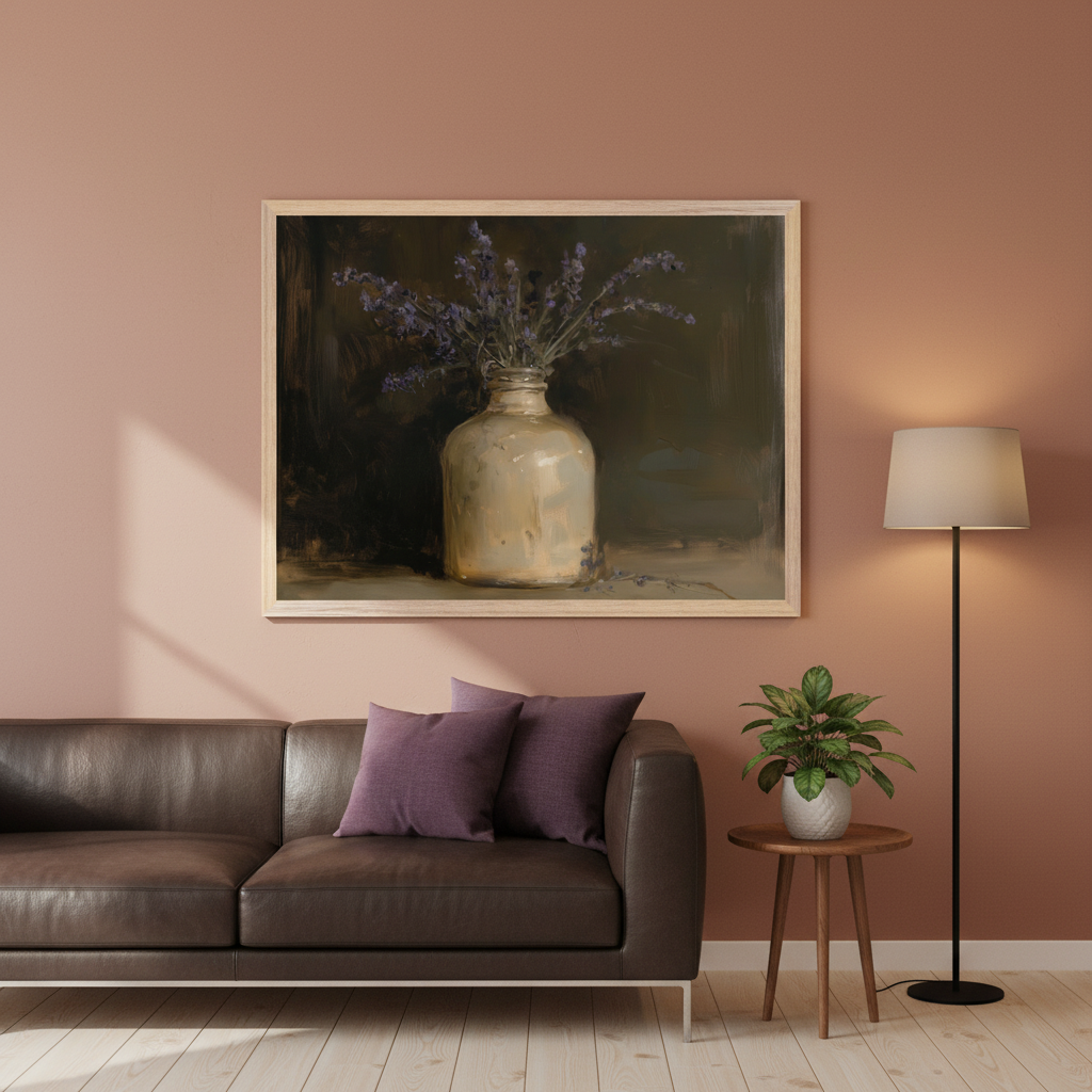 Living room with a brown leather sofa. A framed still life painting of lavender in a cream vase hangs centered above the sofa. A plant on a wood side table and a floor lamp are to the right.