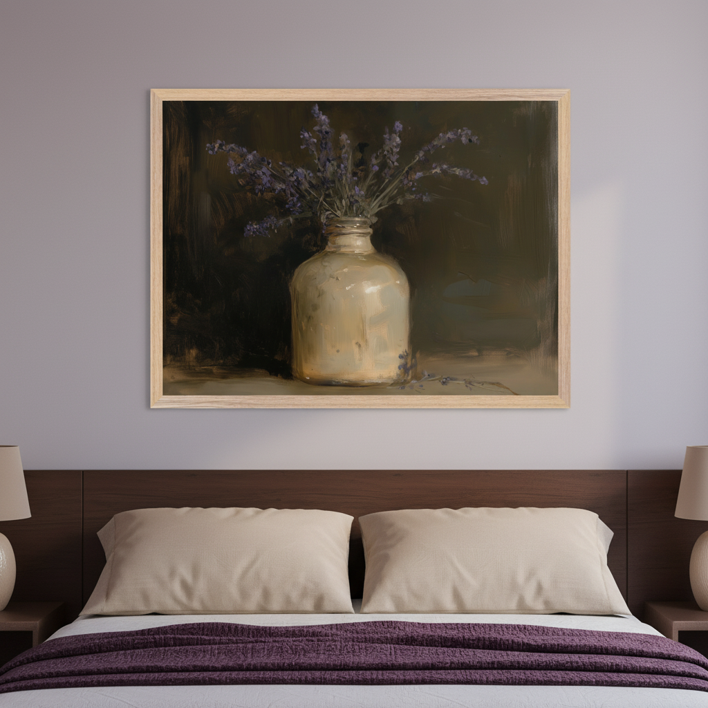 Modern bedroom with a bed featuring a dark wood headboard and two beige pillows. A large framed still life oil painting hangs above the bed, depicting purple lavender flowers in a light-colored vase against a dark background.