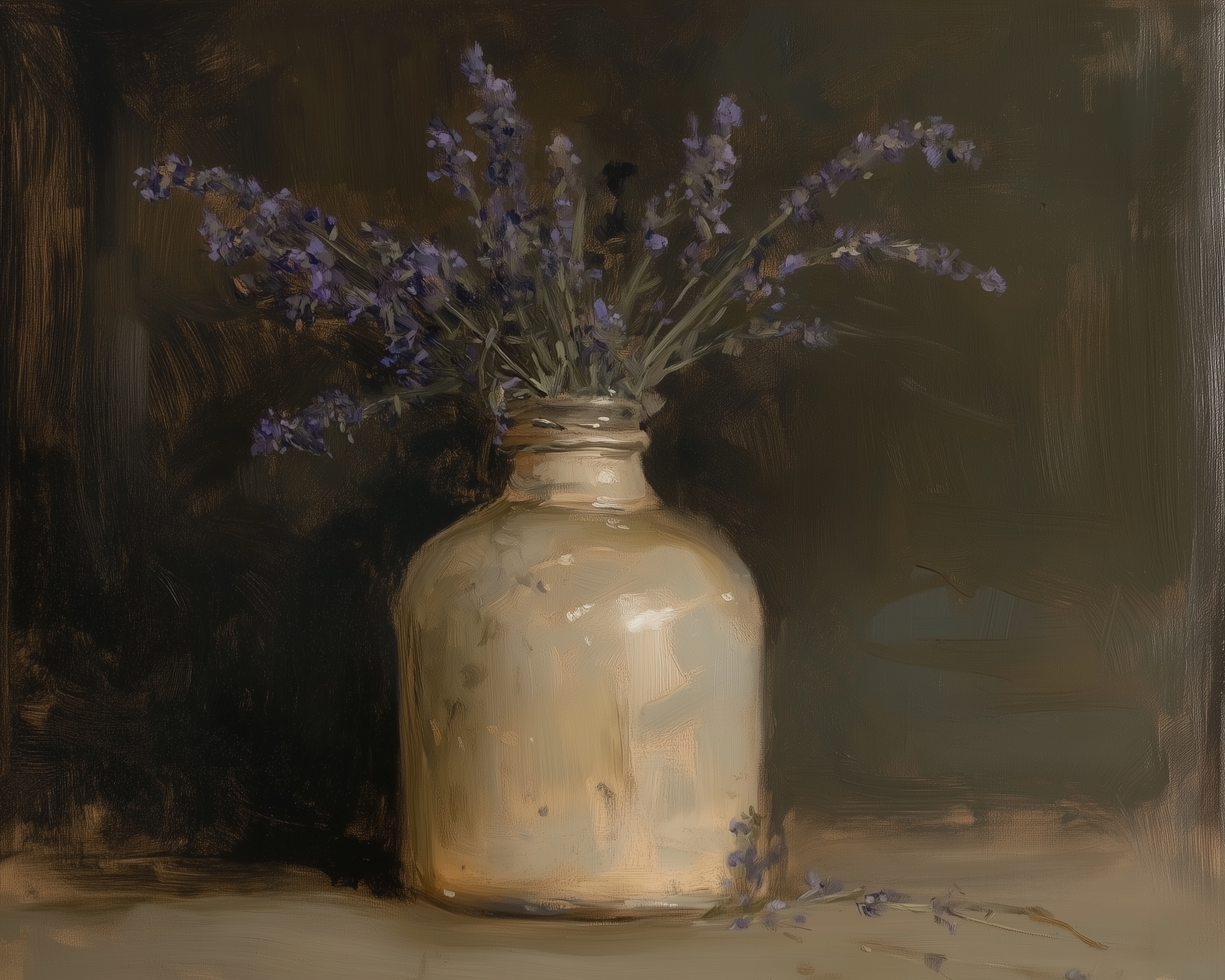 A moody oil painting of purple lavender sprigs arranged in a heavy, cream-toned rustic jug, set on a dark surface with scattered blossoms around the base.
