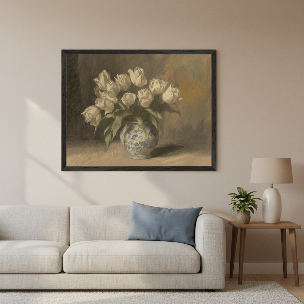 Living room with a light beige sofa and a wooden side table. A large framed painting of white tulips in a blue and white vase, in a painterly still life style, hangs centered above the sofa.