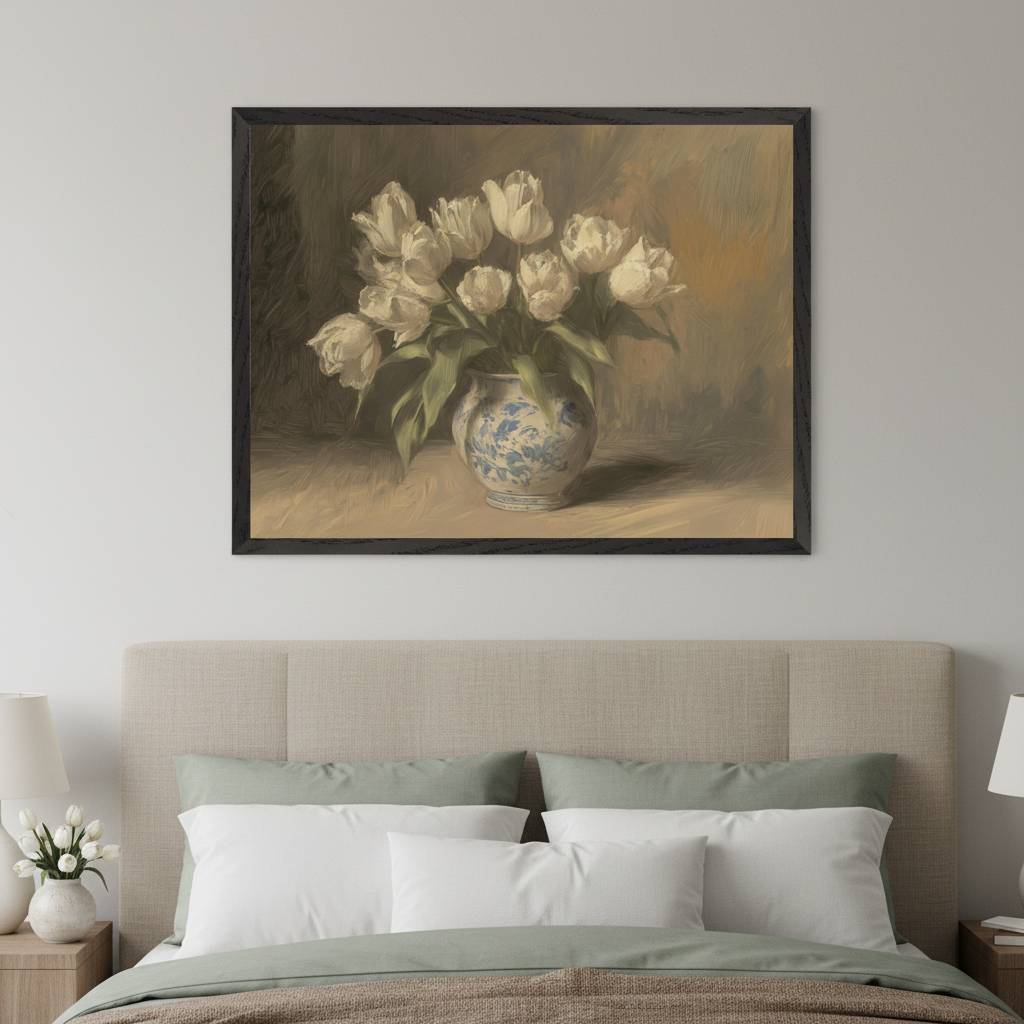 Modern bedroom with a beige upholstered bed and green pillows. A large dark-framed painting hangs centered above the bed, depicting white tulips in a blue and white vase in an oil painting style.