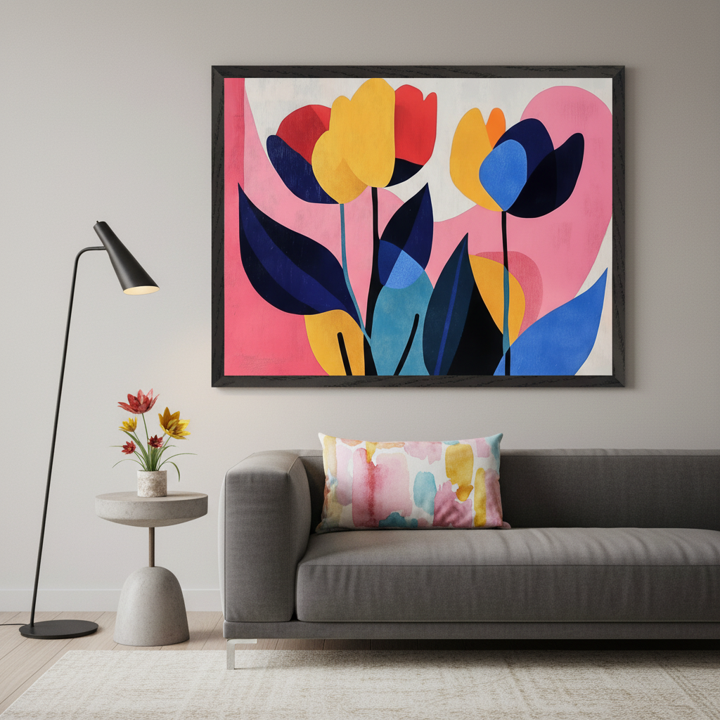 Modern living room with a dark gray sofa and a colorful abstract cushion. A large framed abstract floral art print featuring red, yellow, and blue tulips on a pink background hangs above the sofa. A concrete side table with flowers and a black floor lamp are to the left.