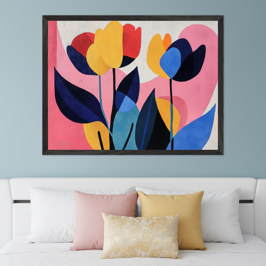 Modern bedroom with a white bed, headboard, and white, pink, and yellow pillows. Centered above the bed, a framed abstract graphic painting shows bold, colorful tulip-like flowers in yellow, red, and blue with dark blue leaves on a pink and white background.