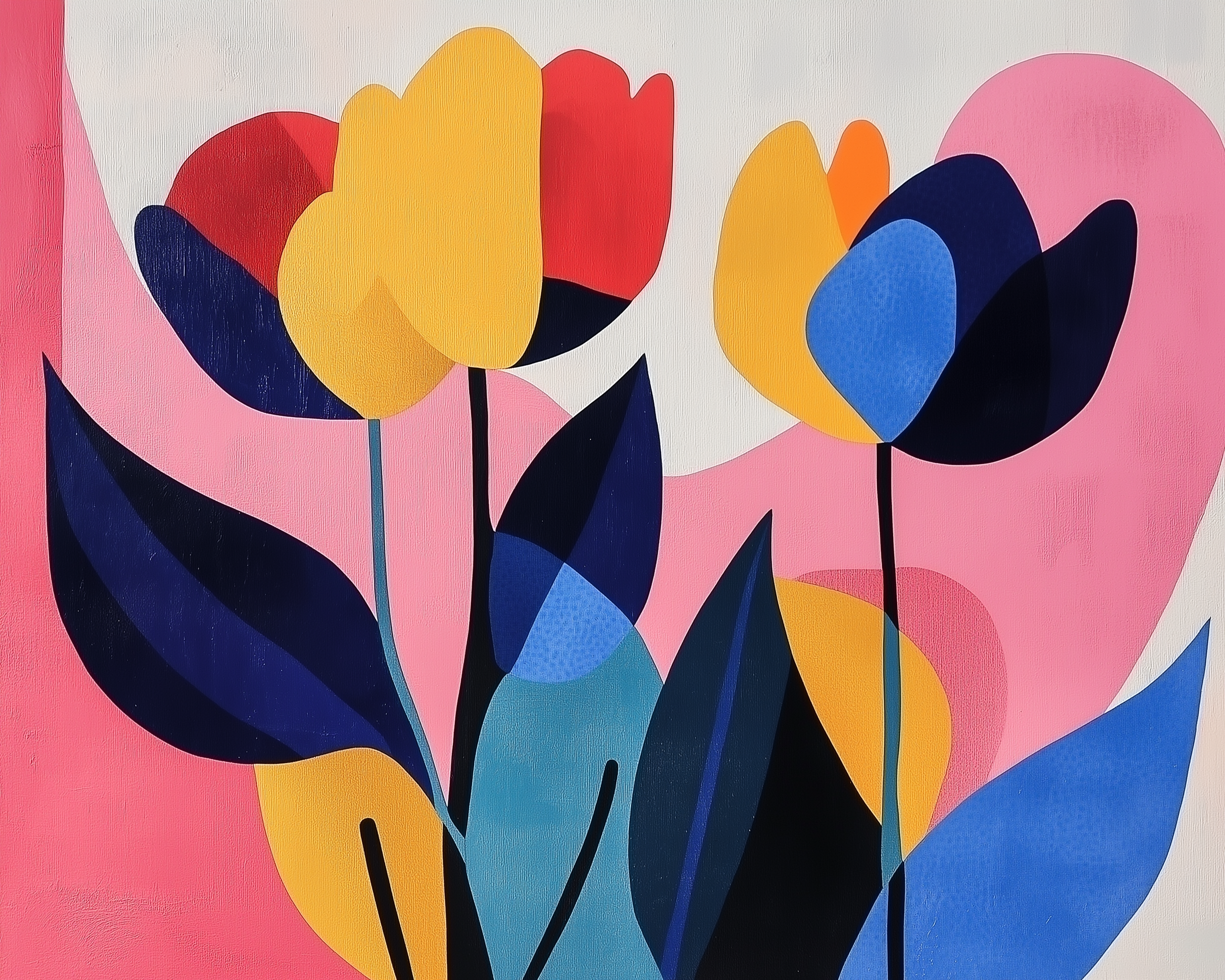 Bold, abstract painting of tulips with overlapping geometric shapes in yellow, red, blue, and black against a pink and white background.
