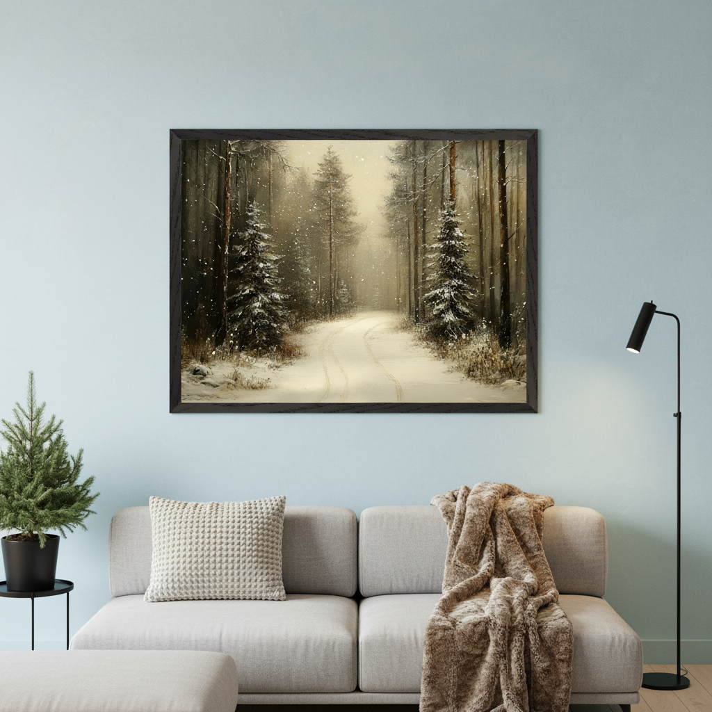Modern living room with a light gray sectional sofa and ottoman. A large black-framed painting of a snowy winter forest scene with a winding path and falling snow hangs centered above the sofa. A potted pine tree sits on a black side table to the left.