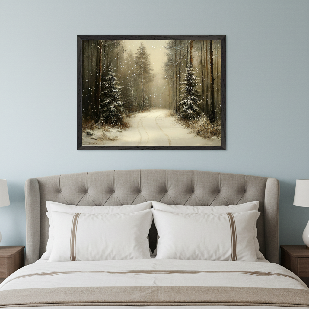 Modern bedroom with a grey tufted headboard bed and white bedding. A framed painting of a snowy forest path with pine trees in a realistic style hangs centered above the bed on a light blue wall.