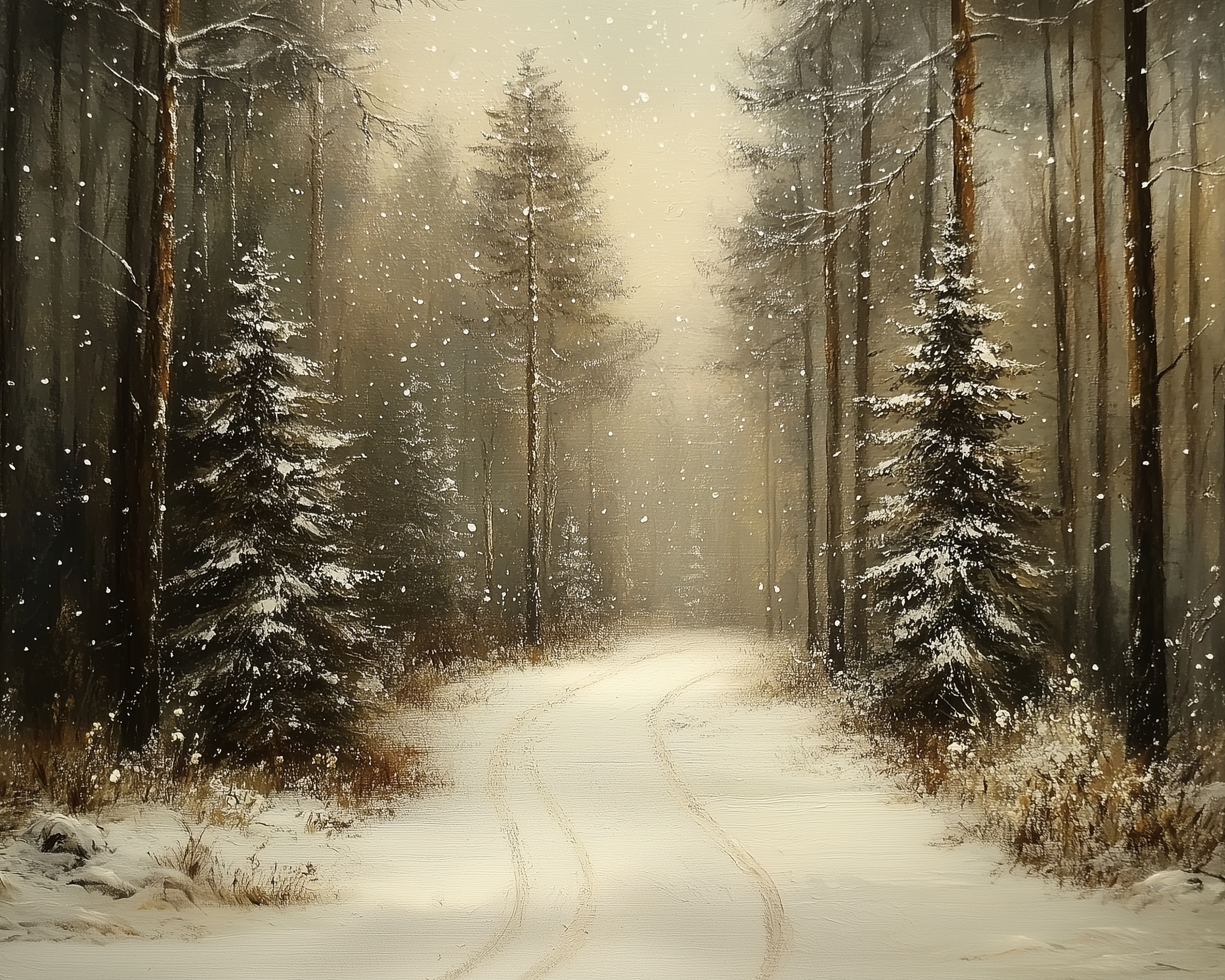 Realistic painting of a serene snowy forest with tall trees on both sides and a snow-covered path curving through the center, softly lit by overcast light and falling snow.
