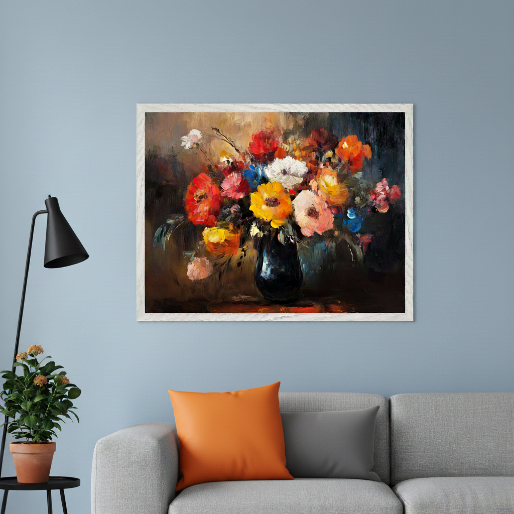 Modern living room with a gray sectional sofa and a black floor lamp. A large framed oil painting of a vibrant bouquet of colorful flowers in a dark vase hangs above the sofa.