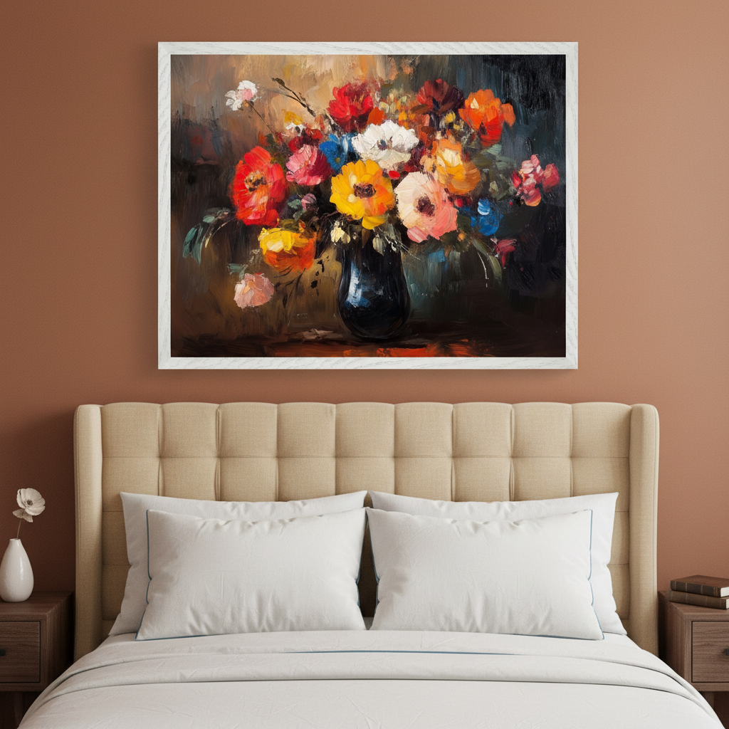 Bedroom with a beige upholstered bed. A large framed oil painting of a vibrant, painterly floral bouquet in a dark vase hangs above the headboard.