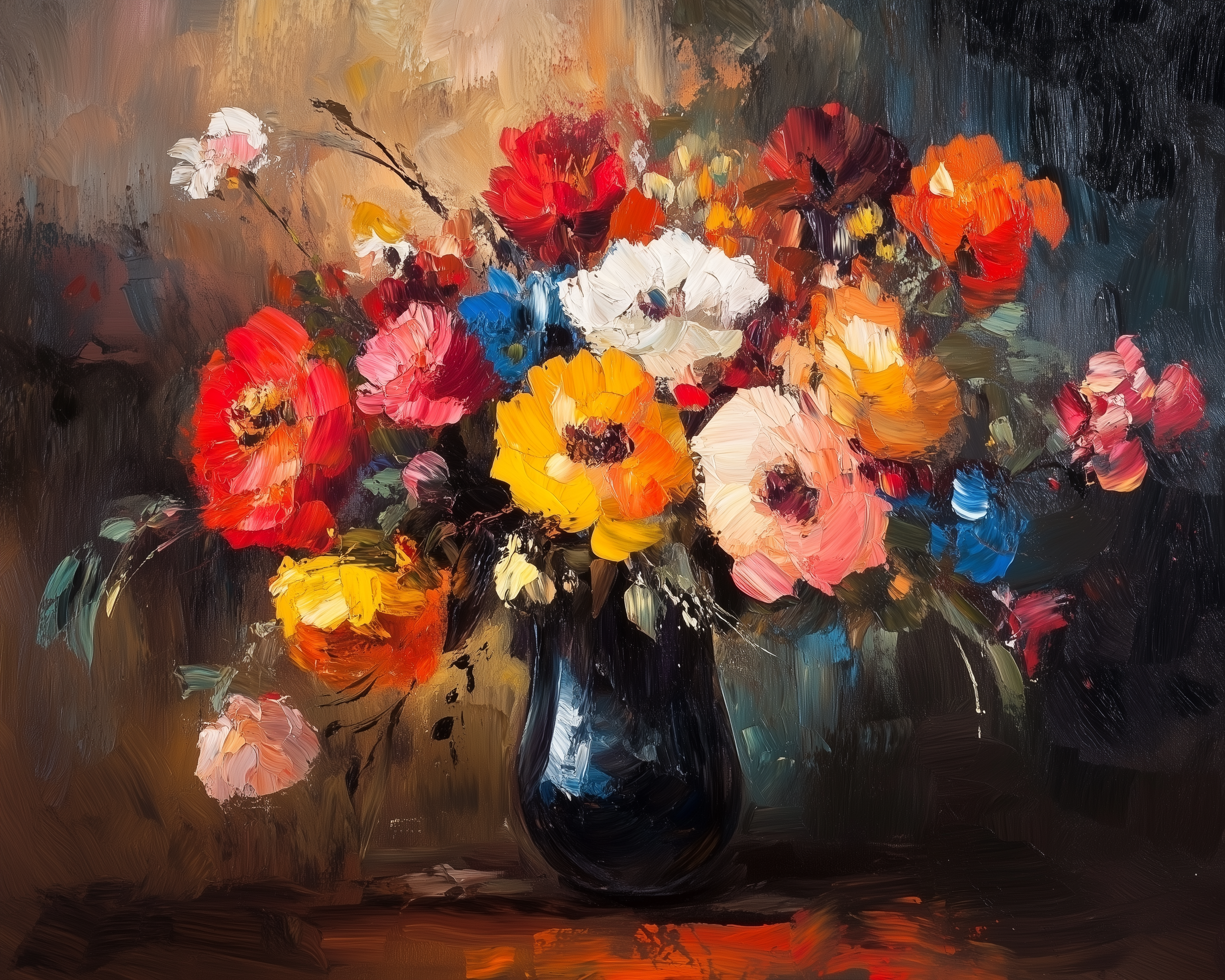 Vibrant, impressionist-style painting of a bouquet of multicolored flowers in a dark vase with thick, expressive brushstrokes and a richly textured background.
