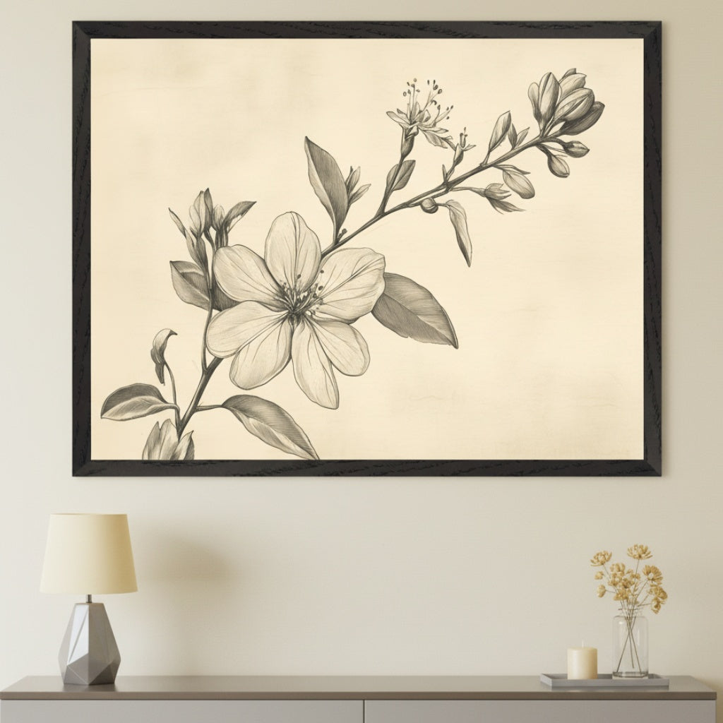 Modern room with a dark gray console table. A large black-framed pencil drawing of a flowering branch with an open blossom and buds on a cream background hangs centered above the table.