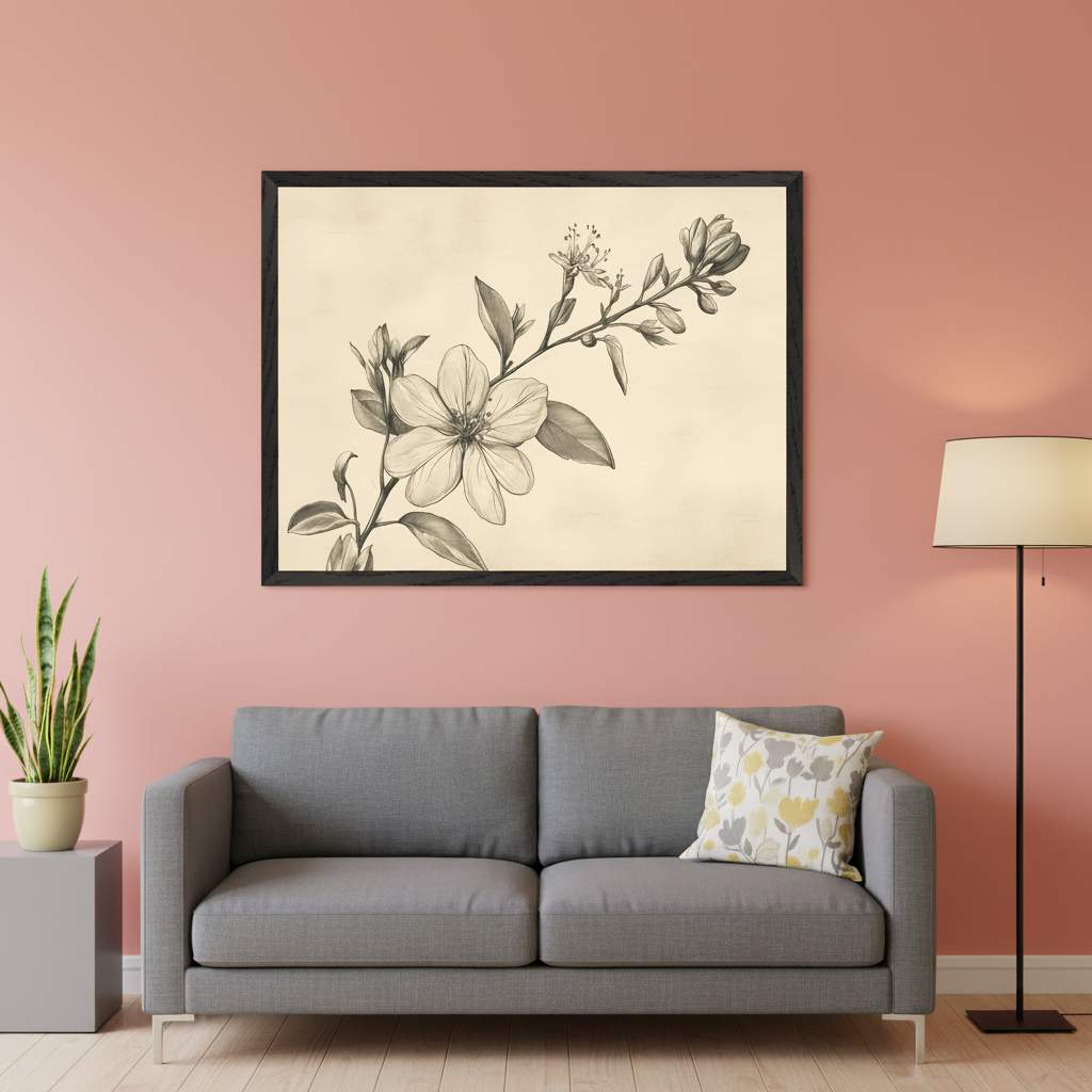 Modern living room with a gray sofa and a floral throw pillow against a pink wall. A large black-framed botanical drawing of a flowering branch in sepia tones hangs above the sofa. A snake plant on a gray side table and a black floor lamp are also visible.