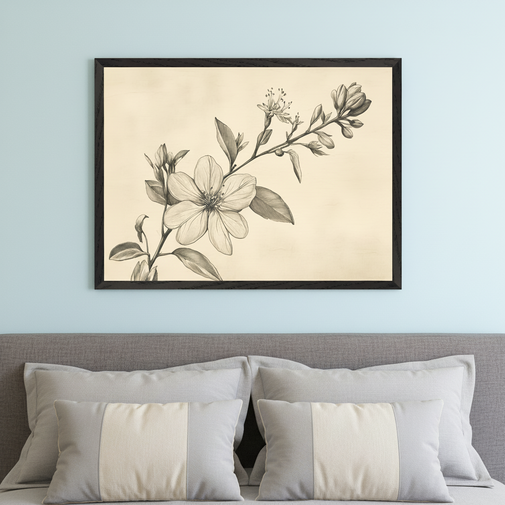 Modern bedroom with a gray upholstered bed and striped pillows. A framed botanical pencil sketch of a flowering branch with open blooms and buds on a cream background hangs centered above the bed.