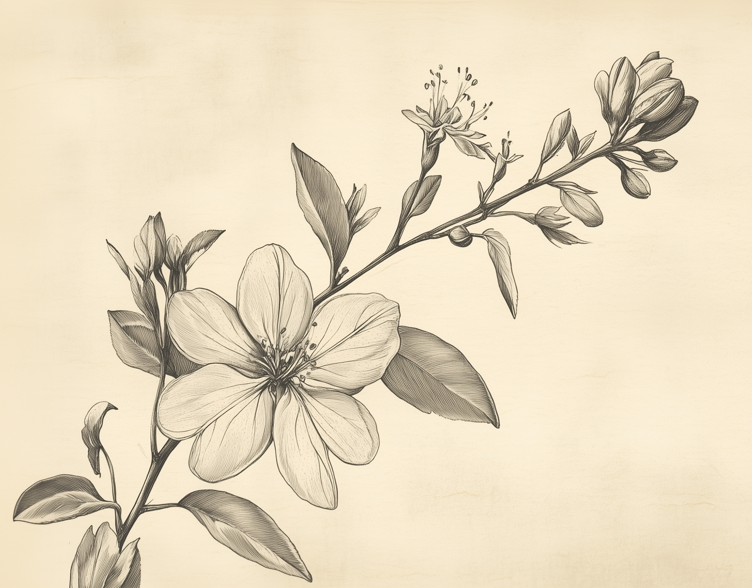 Delicate pencil drawing of a flowering branch with fine details in the petals, leaves, and buds on a soft beige background.
