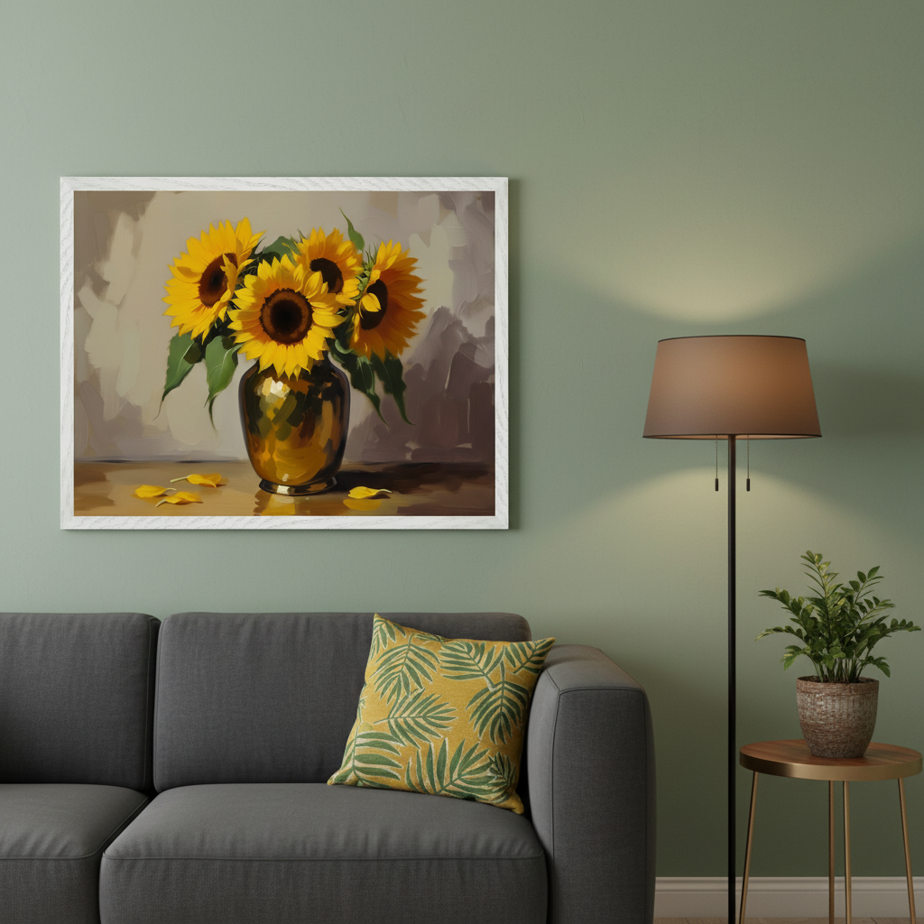 Living room with a gray sofa. A large framed painting of sunflowers in a golden vase with fallen petals hangs above the sofa. A floor lamp and a small side table with a potted plant are to the right.