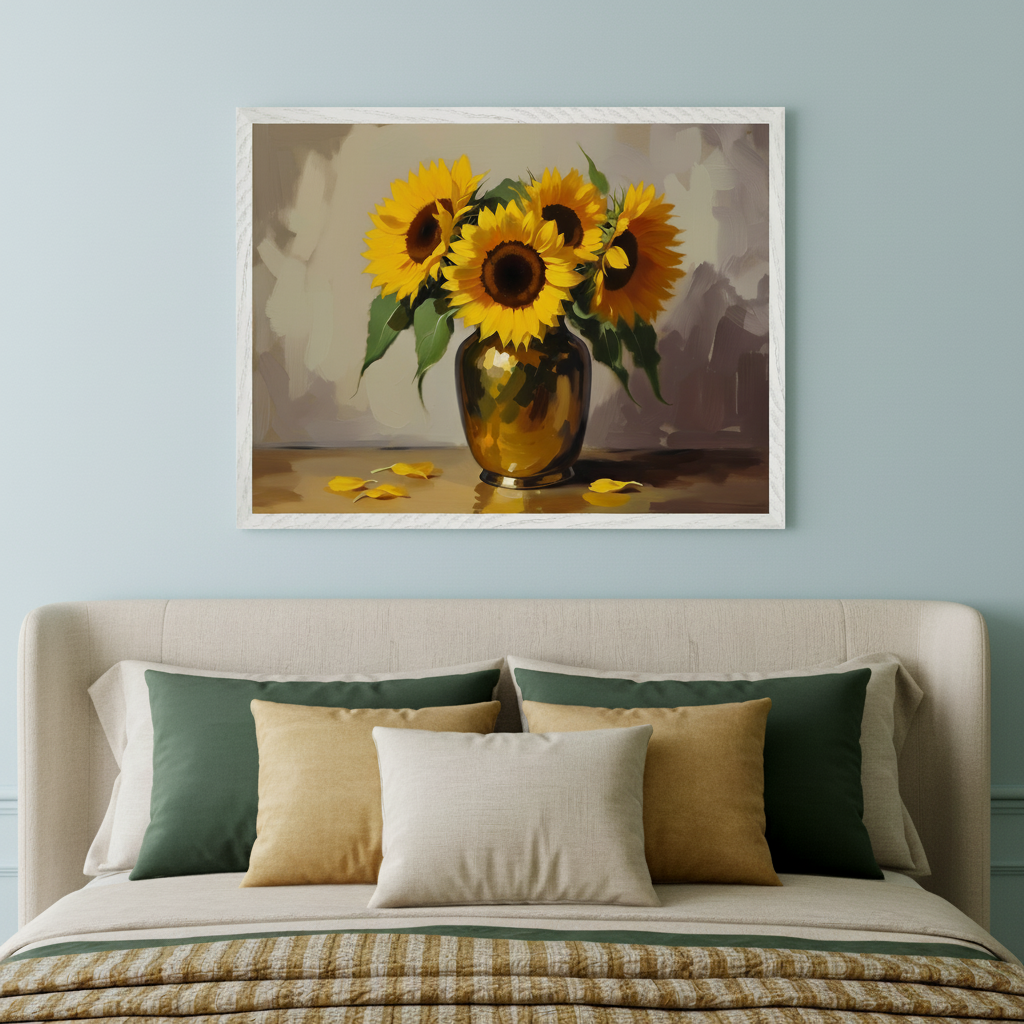 Bedroom with a bed and upholstered headboard. A framed painting of sunflowers in a vase, in an oil painting style, hangs centered above the bed.