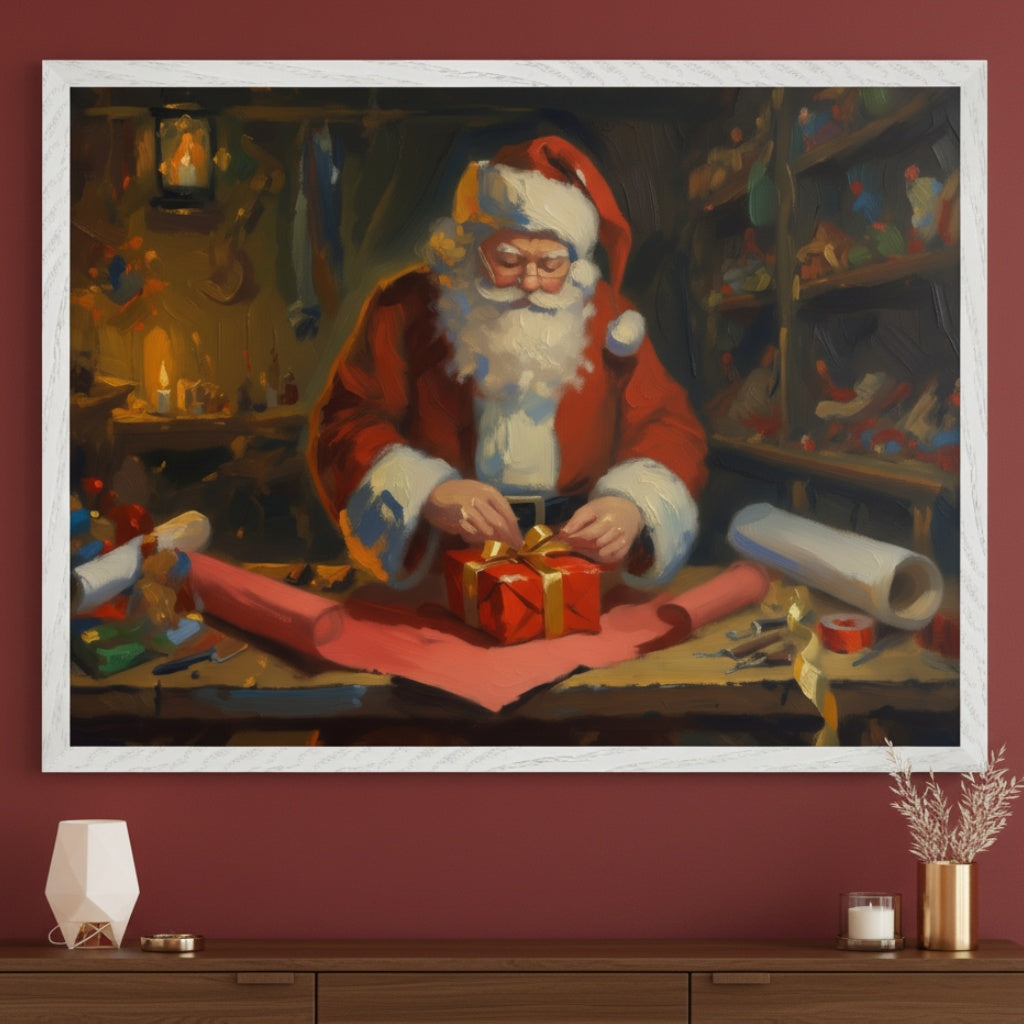 Modern living room with a red wall. A large white-framed oil painting of Santa Claus wrapping a gift is centered above a dark wooden console table. The painting shows Santa tying a gold ribbon on a red present on a workbench. A white geometric lamp and gold vase with dried plants are on the console.