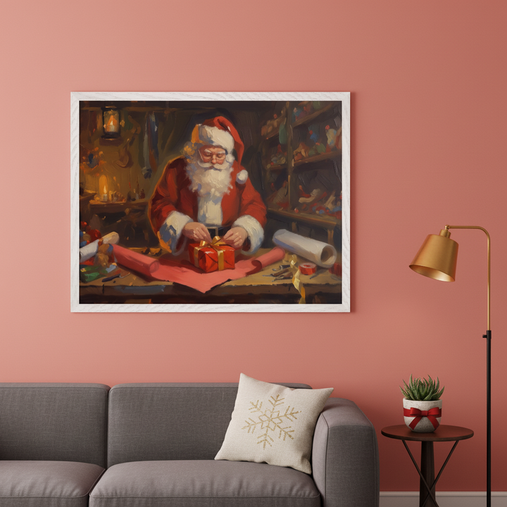 Living room with a gray sofa. A large framed painterly artwork of Santa Claus wrapping a red gift in his workshop hangs above the sofa. A gold snowflake pillow is on the sofa, next to a small side table.