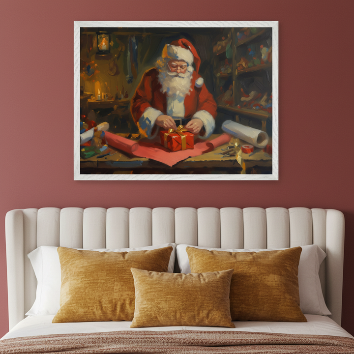 Modern bedroom with a white upholstered headboard and gold pillows. A framed painting of Santa Claus wrapping a red gift in a workshop, in an oil style, hangs above the bed.
