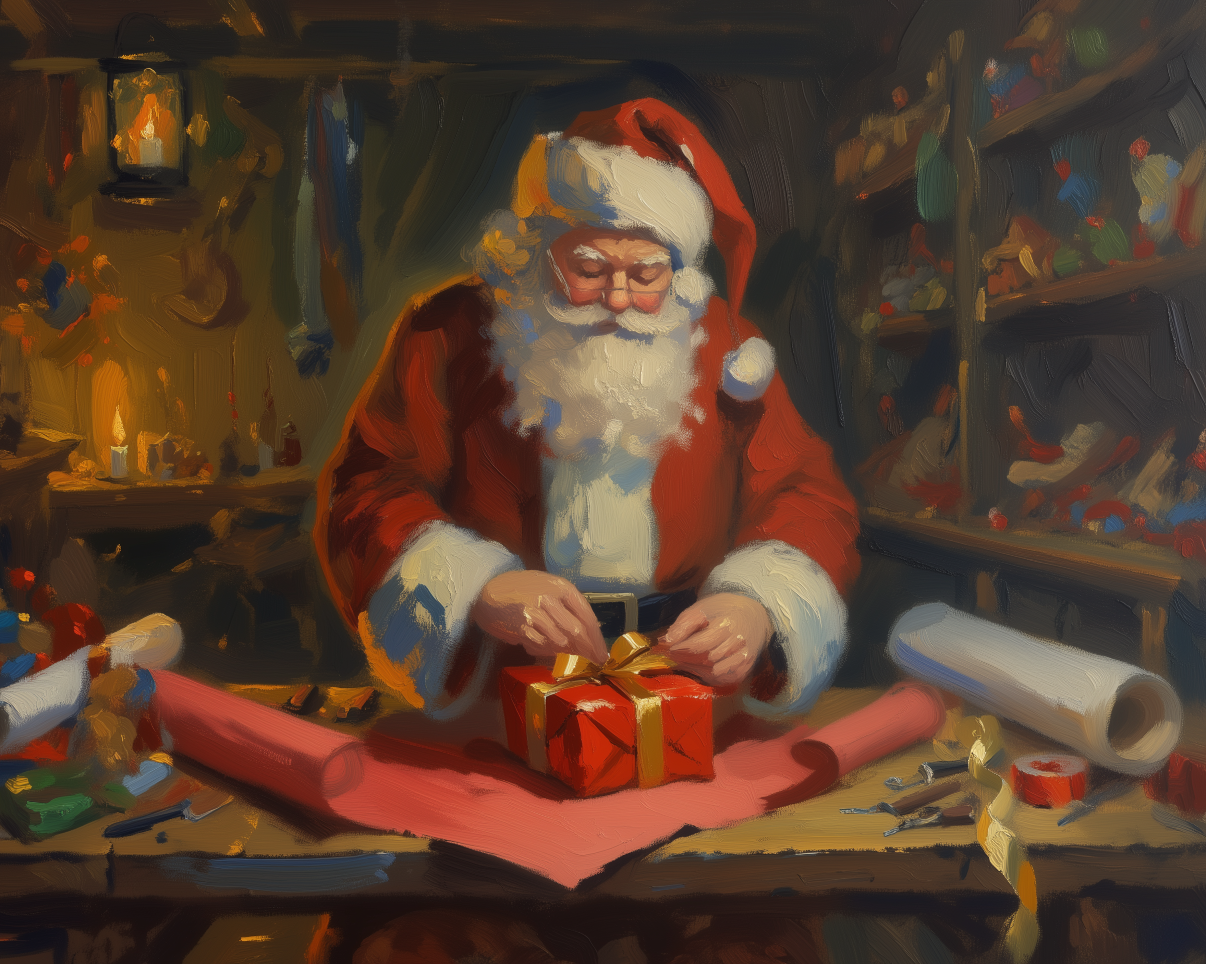 Cozy, warm-toned painting of Santa Claus wrapping a red gift with a gold ribbon at a cluttered wooden workbench filled with wrapping tools and toys.
