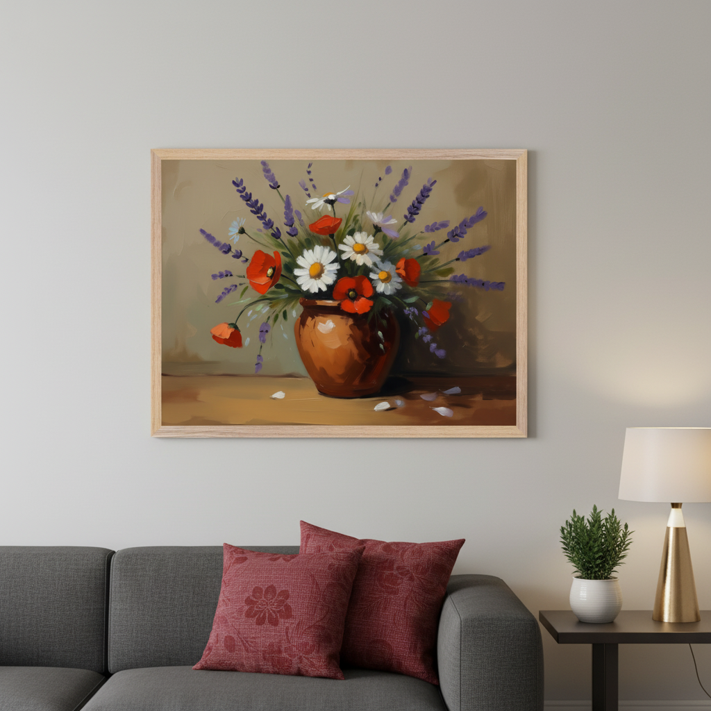 Living room with a gray sofa and red throw pillows. A large framed oil painting of red poppies, white daisies, and purple lavender in a brown vase hangs centered above the sofa. A side table with a lamp and plant is on the right.