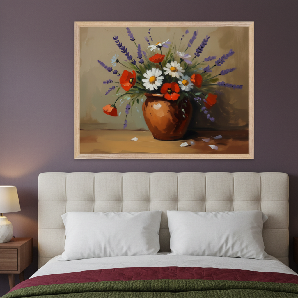 Modern bedroom with a beige upholstered bed and white pillows. A still life oil painting of red poppies, white daisies, and purple lavender in a brown vase hangs centered above the bed on a dark purple wall. Petals are scattered below the vase.