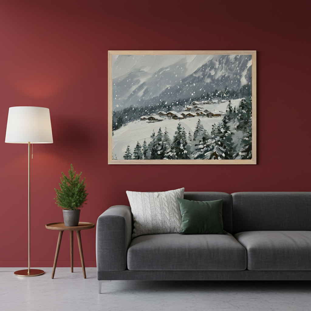 Modern living room with a dark red wall. A dark gray sofa is centered beneath a large framed painterly artwork depicting a snowy mountain village with pine trees. To the left are a brass floor lamp and a small wooden side table holding a potted plant.