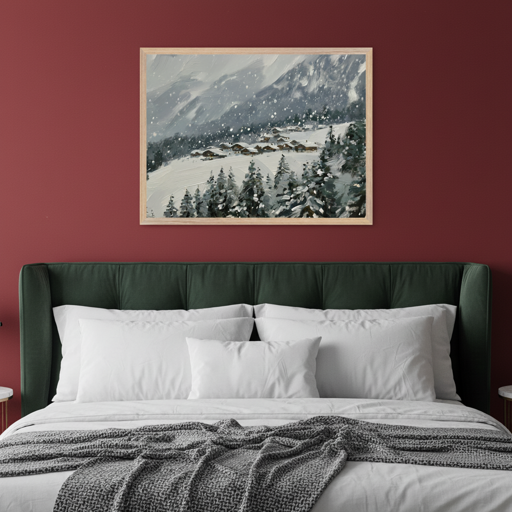 Modern bedroom with a dark green upholstered bed against a deep red wall. A framed painting of a snowy mountain village with evergreen trees and falling snow, rendered in a painterly style, hangs above the bed.