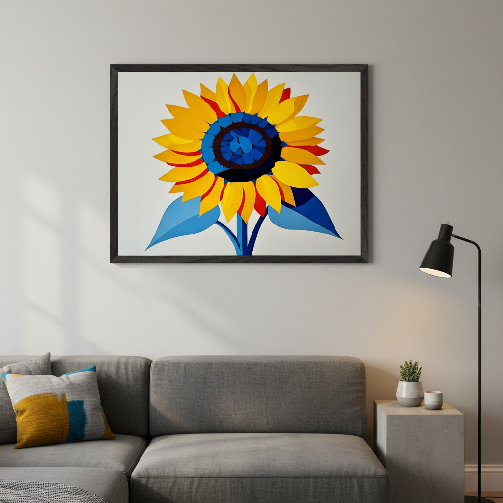 Modern living room with a gray sectional sofa. A large framed print of a stylized sunflower in yellow, blue, and red geometric shapes hangs centered above the sofa. A black floor lamp and a concrete side table are on the right.