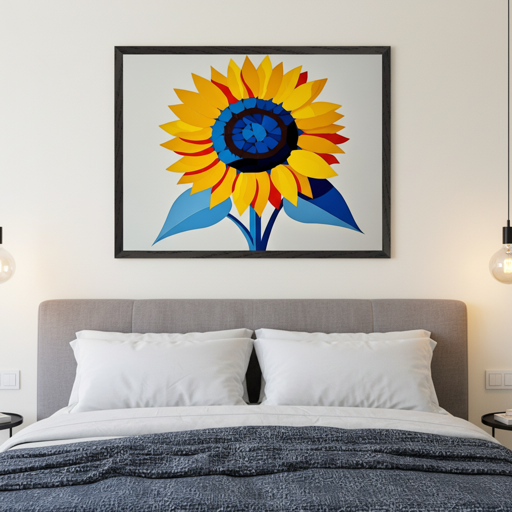 Modern bedroom with a gray upholstered bed. A large black-framed geometric sunflower print with yellow petals, a blue center, and blue leaves hangs centered above the bed.