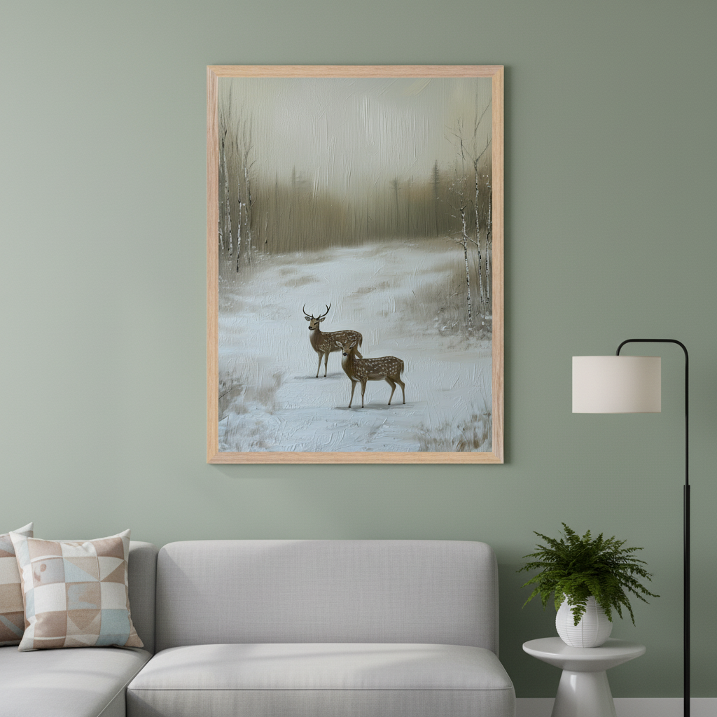 Modern living room with a light gray sectional sofa. A large, light wood-framed oil painting of two deer in a snowy forest hangs centered above the sofa on the green wall. A black floor lamp and white side table with a fern are to the right.