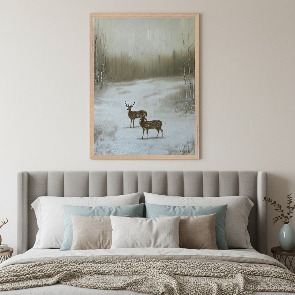 Modern bedroom with a grey upholstered bed. A large framed oil painting of two deer in a snowy winter forest hangs centered above the bed.