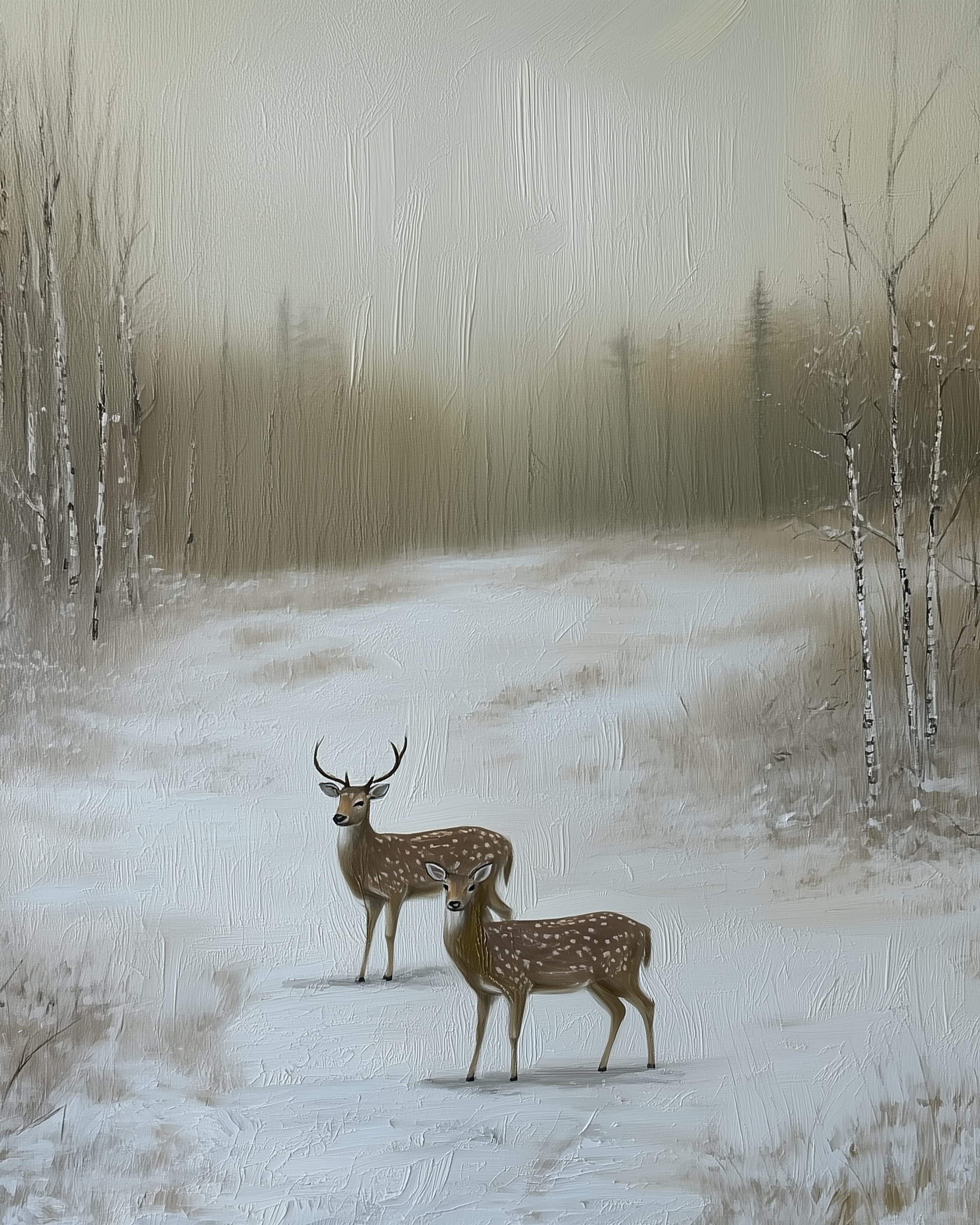 Two spotted deer stand in a snowy clearing surrounded by bare trees, with soft light filtering through a misty, overcast winter sky.

