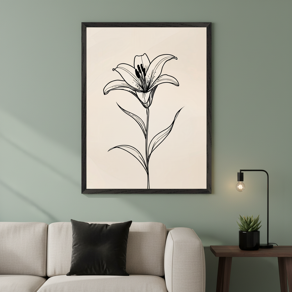 Modern living room with a light beige sofa. A large framed black and white line art drawing of a lily flower on a pale background hangs above the sofa. A black lamp and a small plant are on a dark wooden side table to the right.