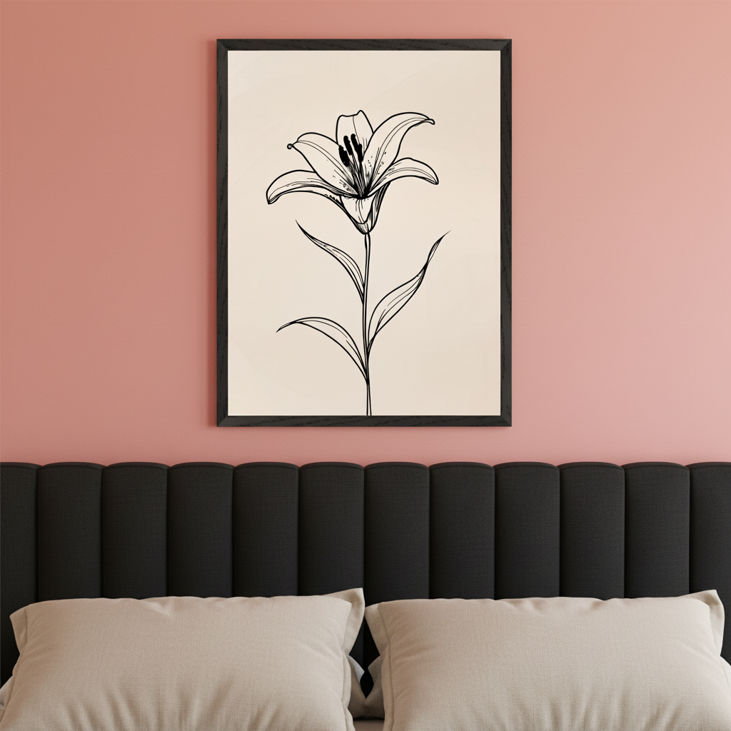 Modern bedroom with a black upholstered headboard and two beige pillows. A framed black line drawing of a lily flower on a beige background hangs centered on the pink wall above the headboard.