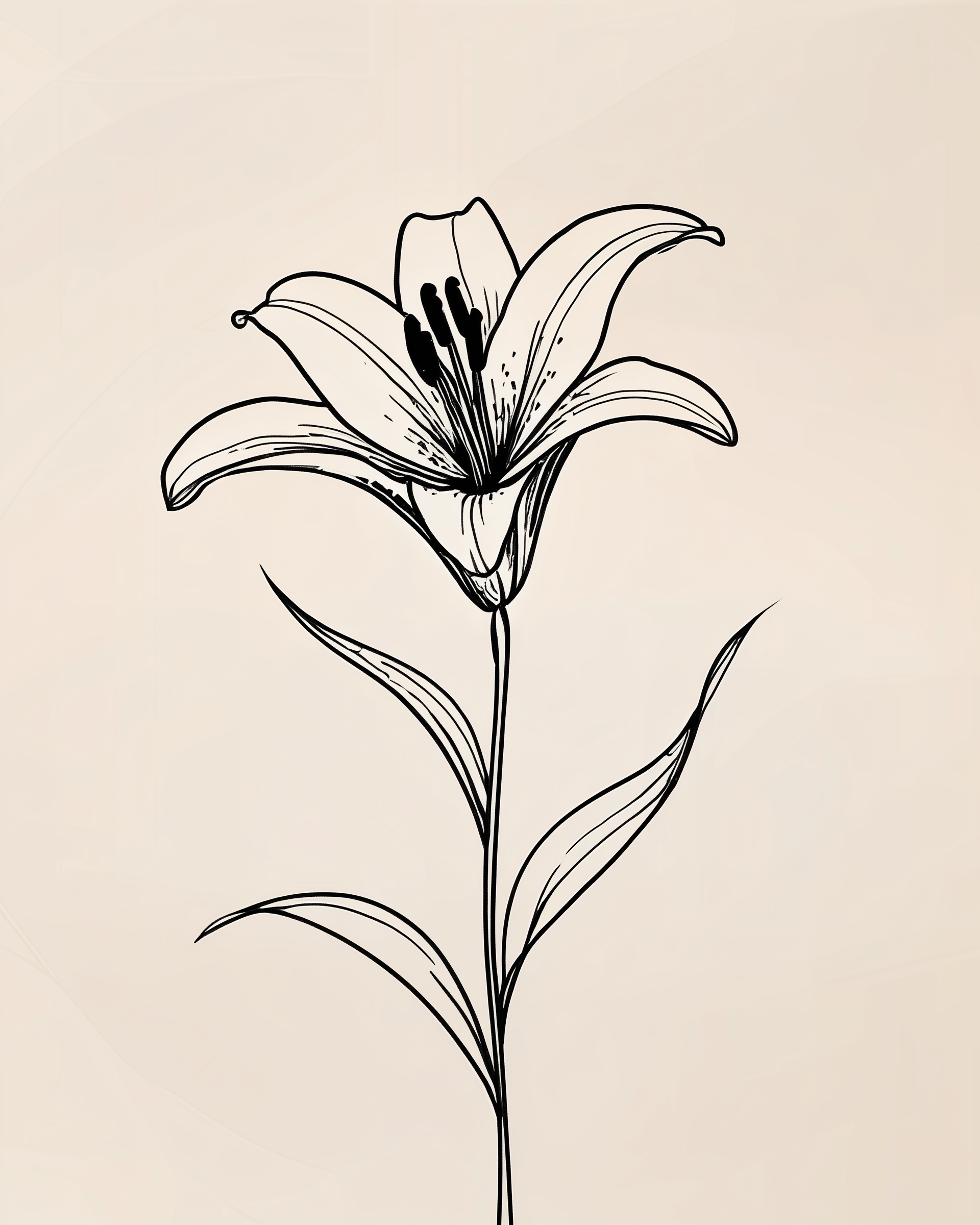 Simple, elegant black line drawing of a blooming lily with long, narrow leaves and delicate details on a cream-colored background.
